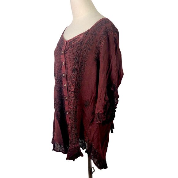 Himalayan Boho Tunic Top Burgundy Black Soutache Lace Embroidery - Picture 11 of 11
